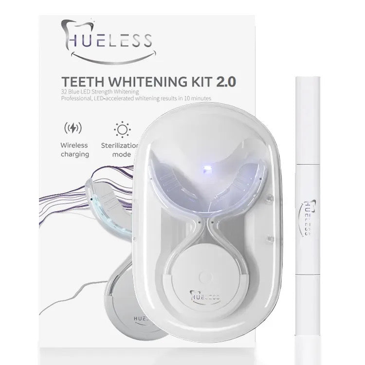 Hueless Teeth Whitening Kit 2.0 packaging with LED light on a white background